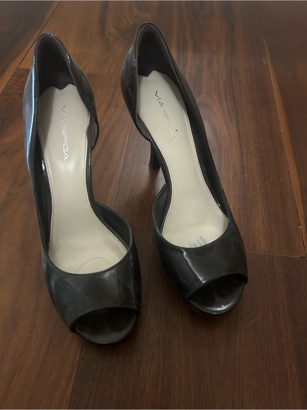 Via Spiga Black Patent Peep-Toe Heels